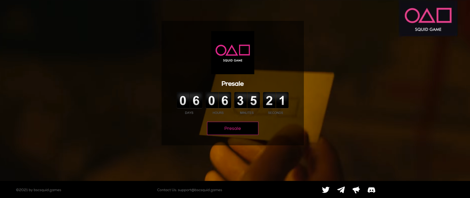 Almost Five Years After $SQUID: The Fake Game Token Crypto Still Remembers A screenshot of the bscsquid.games presale page from 2021, showing the Squid Game logo, a countdown timer and a Presale button.