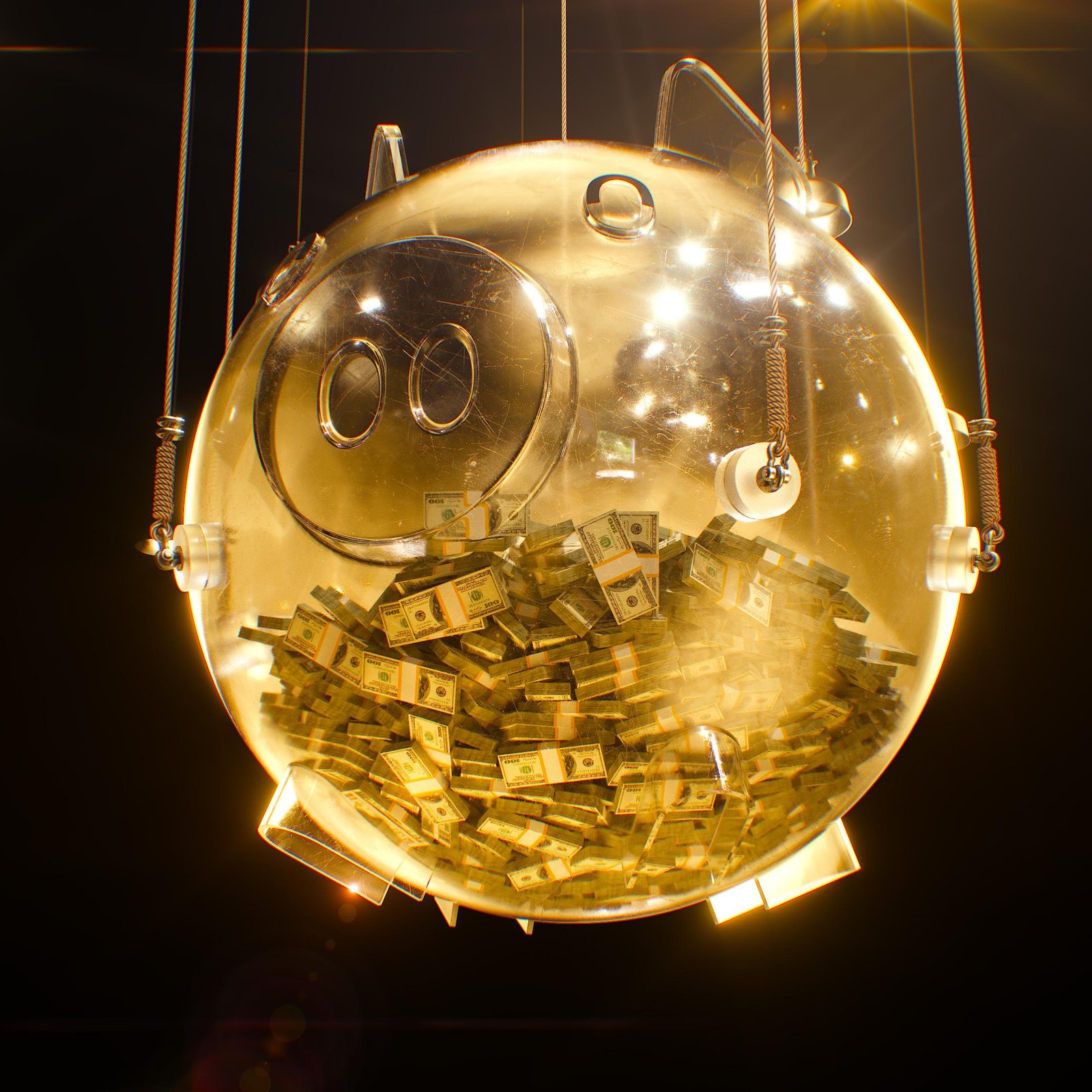 Almost Five Years After $SQUID: The Fake Game Token Crypto Still Remembers A transparent piggy bank suspended on cables and lit gold, filled with bundled hundred-dollar notes.