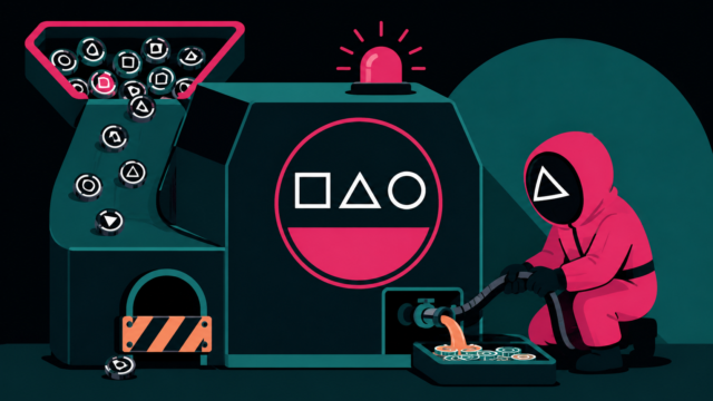 An illustration in Squid Game colours: a pink-suited guard siphons fluid out of a coin machine into a tray, while a hopper of tokens pours down beside it under a red alarm light.
