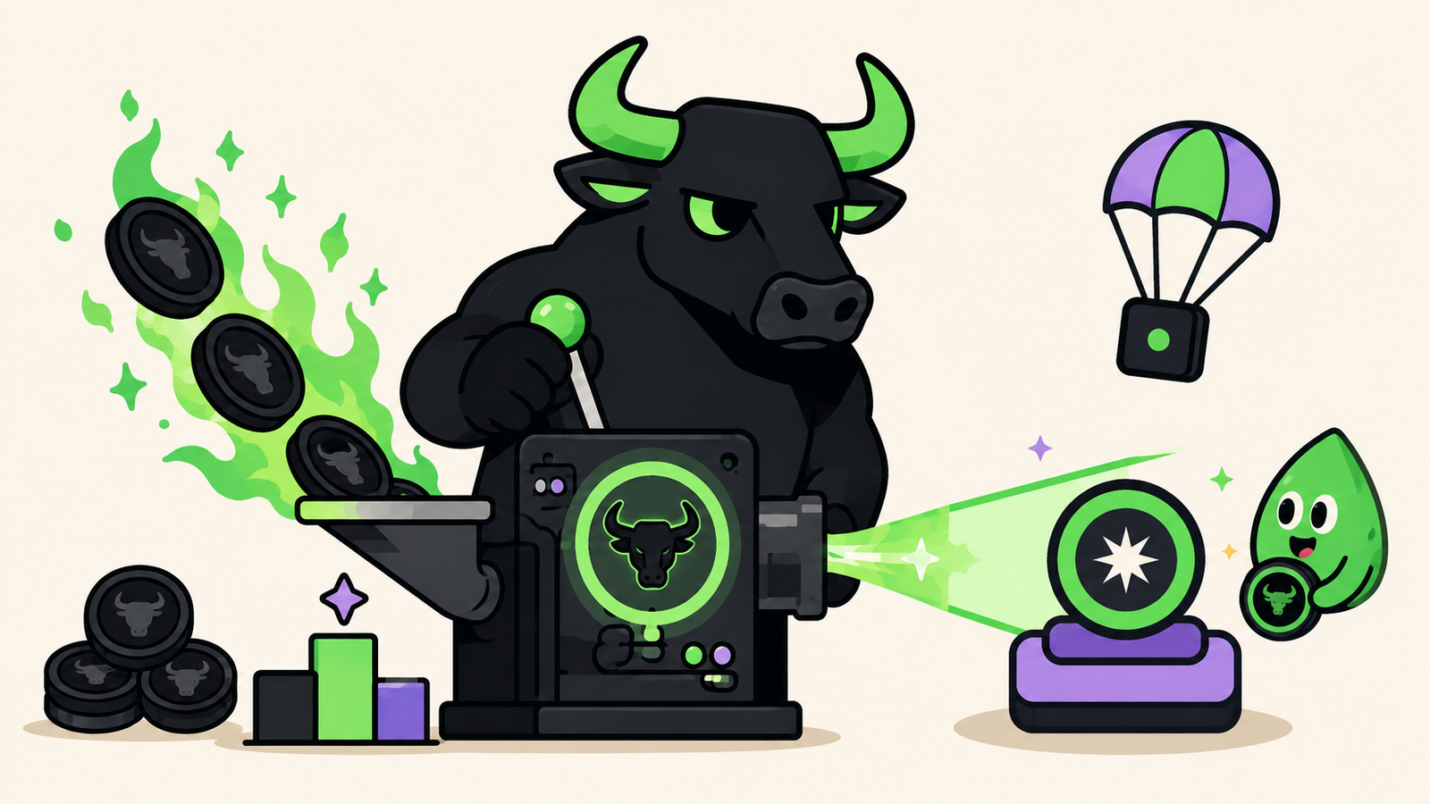 A black bull with green horns feeding bull-stamped coins into a burning machine, with an airdrop parachute and a winner's podium beside it.