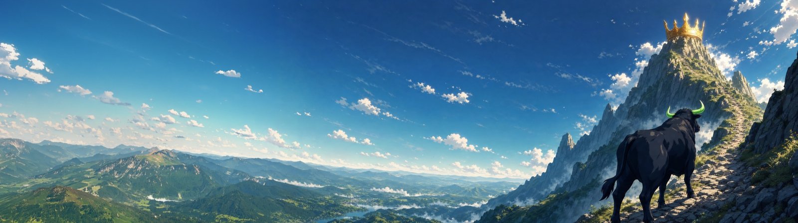 A black bull with green horns climbing a mountain path toward a golden crown at the summit, the banner art used across ansem.io.