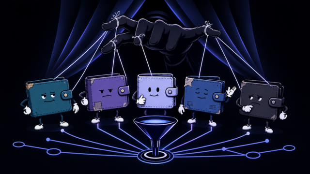 Five cartoon wallets stand on a dark stage as marionettes, their strings gathered into a single black-gloved hand, with glowing network lines running from each wallet down into one funnel.