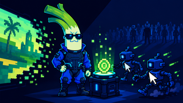 A leek-headed figure in blue tactical armour stands beside a glowing coin on a pedestal while two robots with mouse-cursor hands reach for it and a crowd watches from the dark.