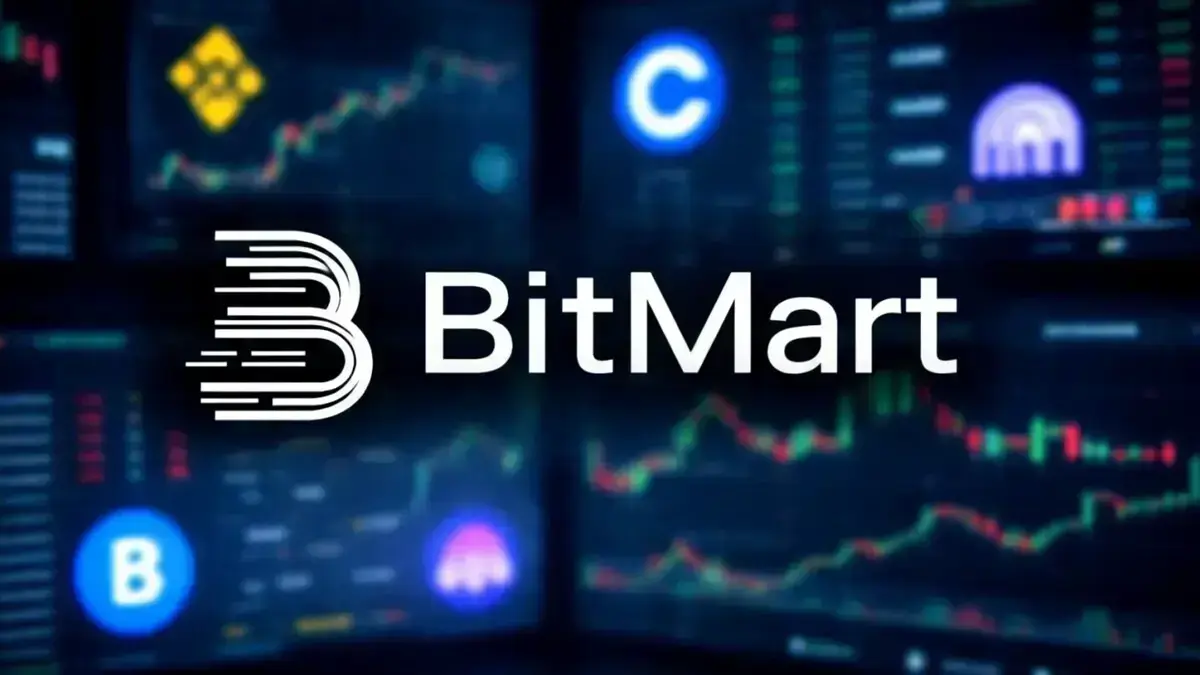 The BitMart logo over a wall of trading screens showing candlestick charts and other exchange logos.