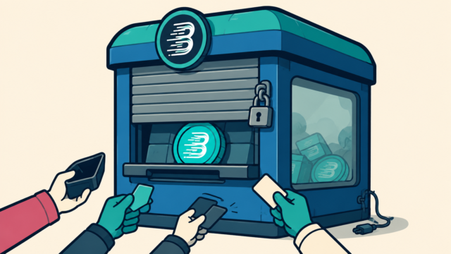 An illustration of a BitMart-branded withdrawal booth with its shutter half down and padlocked, hands holding cards and wallets reaching towards it, and assets stacked behind clouded glass.