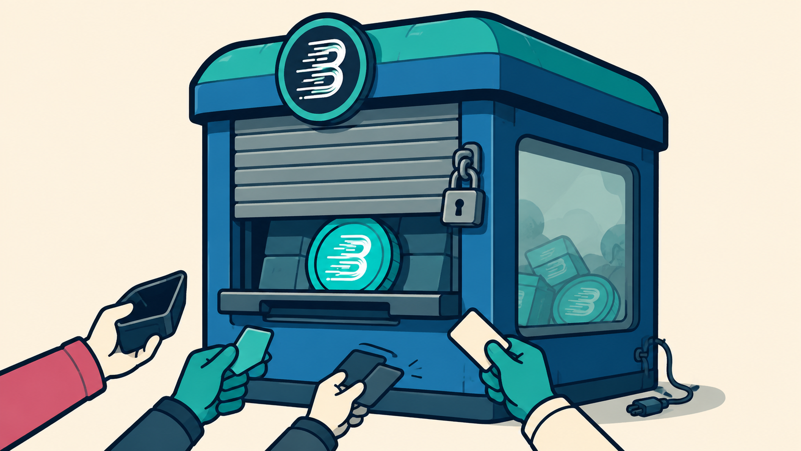 An illustration of a BitMart-branded withdrawal booth with its shutter half down and padlocked, hands holding cards and wallets reaching towards it, and assets stacked behind clouded glass.