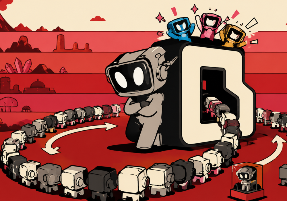 A long queue of identical block-headed Blokyz figures winding around a giant Blokyz logo, with three winners celebrating on top and one figure displayed in a glass case.