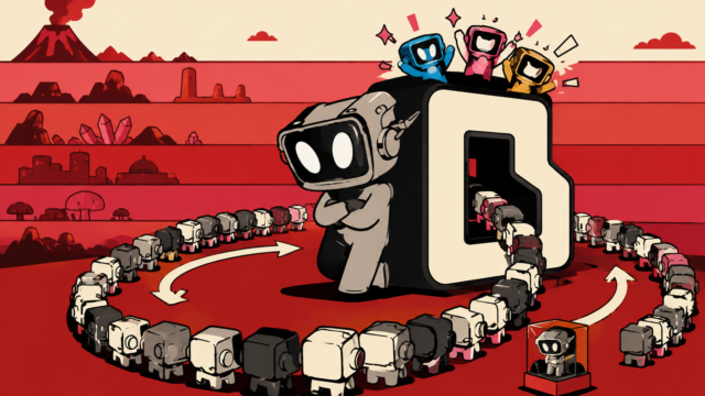 A long queue of identical block-headed Blokyz figures winding around a giant Blokyz logo, with three winners celebrating on top and one figure displayed in a glass case.