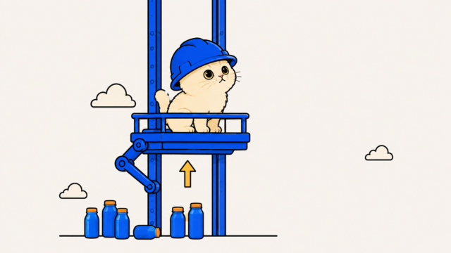 Illustration: a cream cat in a blue construction helmet sits on the platform of a blue scissor lift, raised against a pale sky with a few clouds. A yellow arrow points upward beneath the platform, and blue paint tins stand on the ground below.