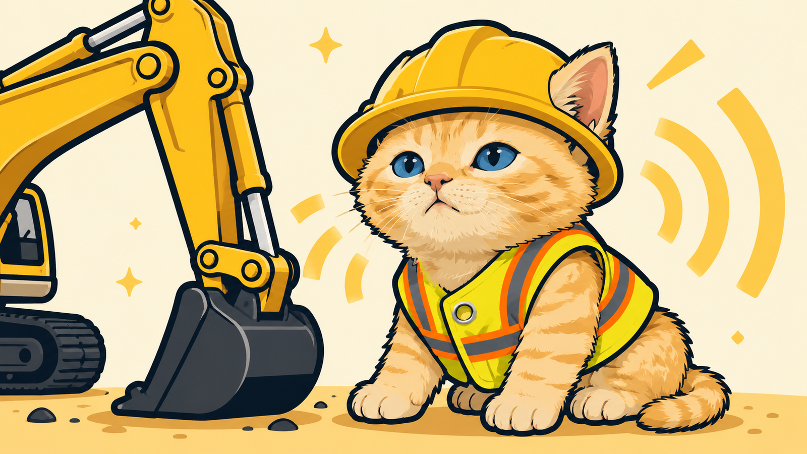 An illustration of a ginger kitten in a yellow hard hat and hi-vis vest sitting beside the bucket of a yellow excavator.