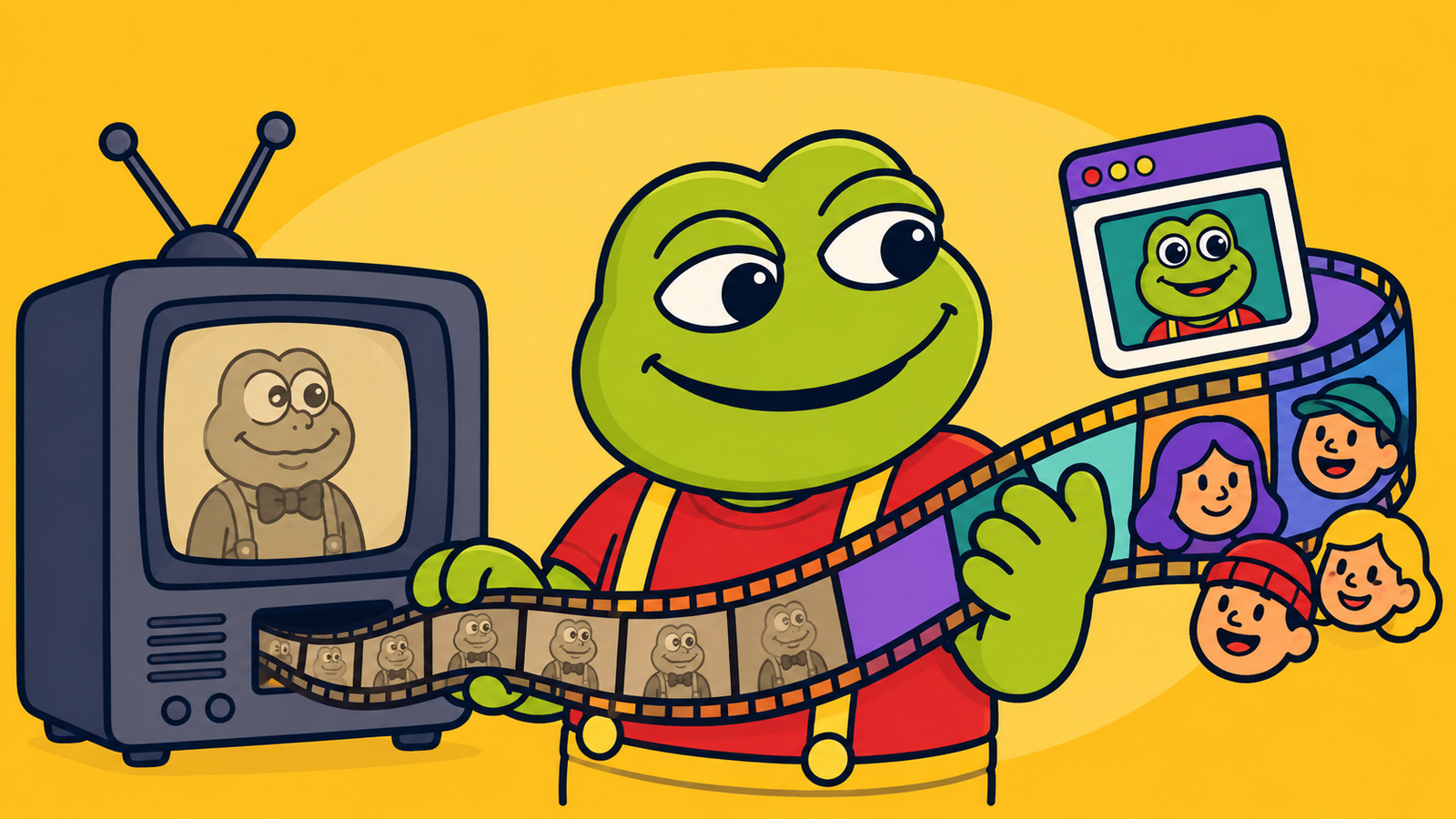Illustration: a green toad in a red shirt and yellow suspenders pulls a strip of film out of an old television set. The frames begin as sepia images of a plainer, earlier toad and turn into bright colour, ending in a browser window and a row of children's faces.