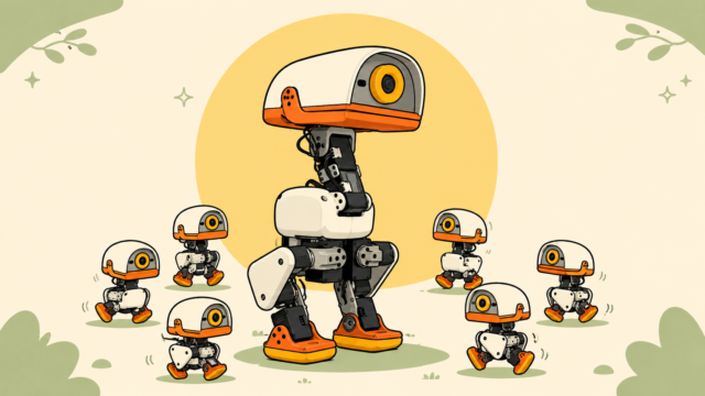 An illustrated flock of MicroDuck robots, one large and six small, walking across a cream background with a yellow sun behind them.