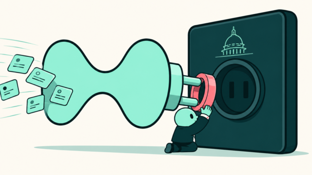 Illustration: a large mint-green plug, shaped like the Hyperliquid mark, is pushed toward a dark wall socket panel engraved with a Capitol dome, by a small figure in a suit. Cards of paperwork fly off the plug as it moves.