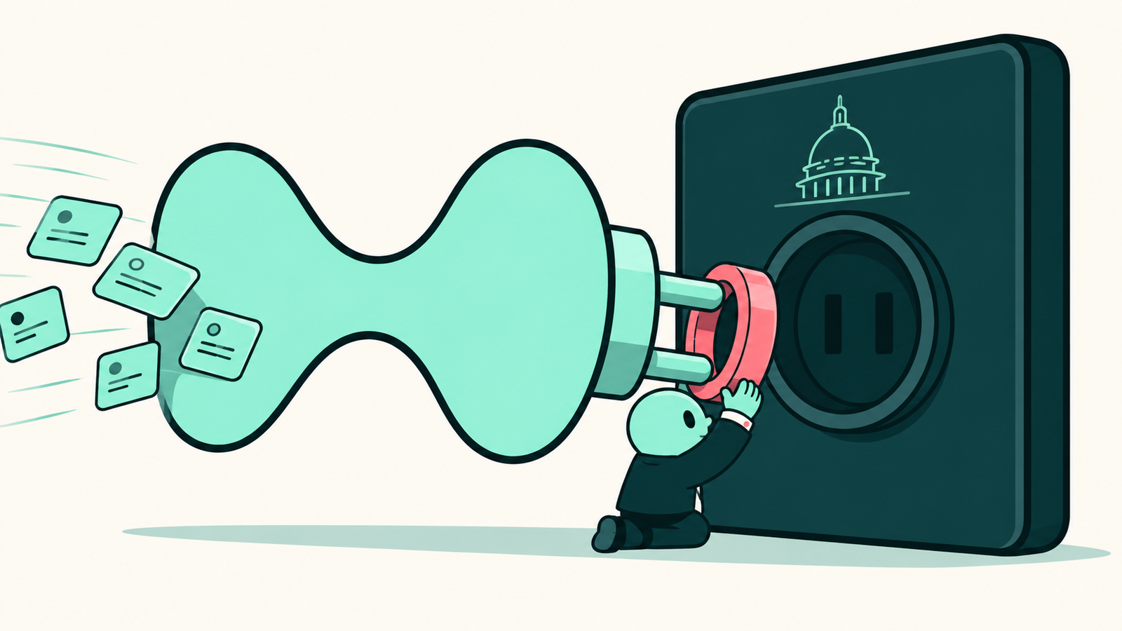 Illustration: a large mint-green plug, shaped like the Hyperliquid mark, is pushed toward a dark wall socket panel engraved with a Capitol dome, by a small figure in a suit. Cards of paperwork fly off the plug as it moves.