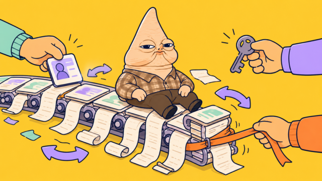 The Qenis character sitting on a conveyor belt of receipts and ID cards, with disembodied hands offering it an identity badge and a key while another straps a bundle shut.