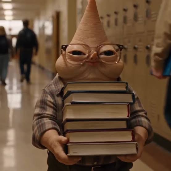 The Qenis character in a school corridor, wearing glasses and a plaid shirt and carrying a stack of books.