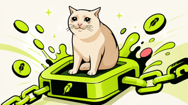 A cartoon cat sitting on a bright green chain link stamped with the Robinhood feather, surrounded by splashing green paint and scattered green coins.