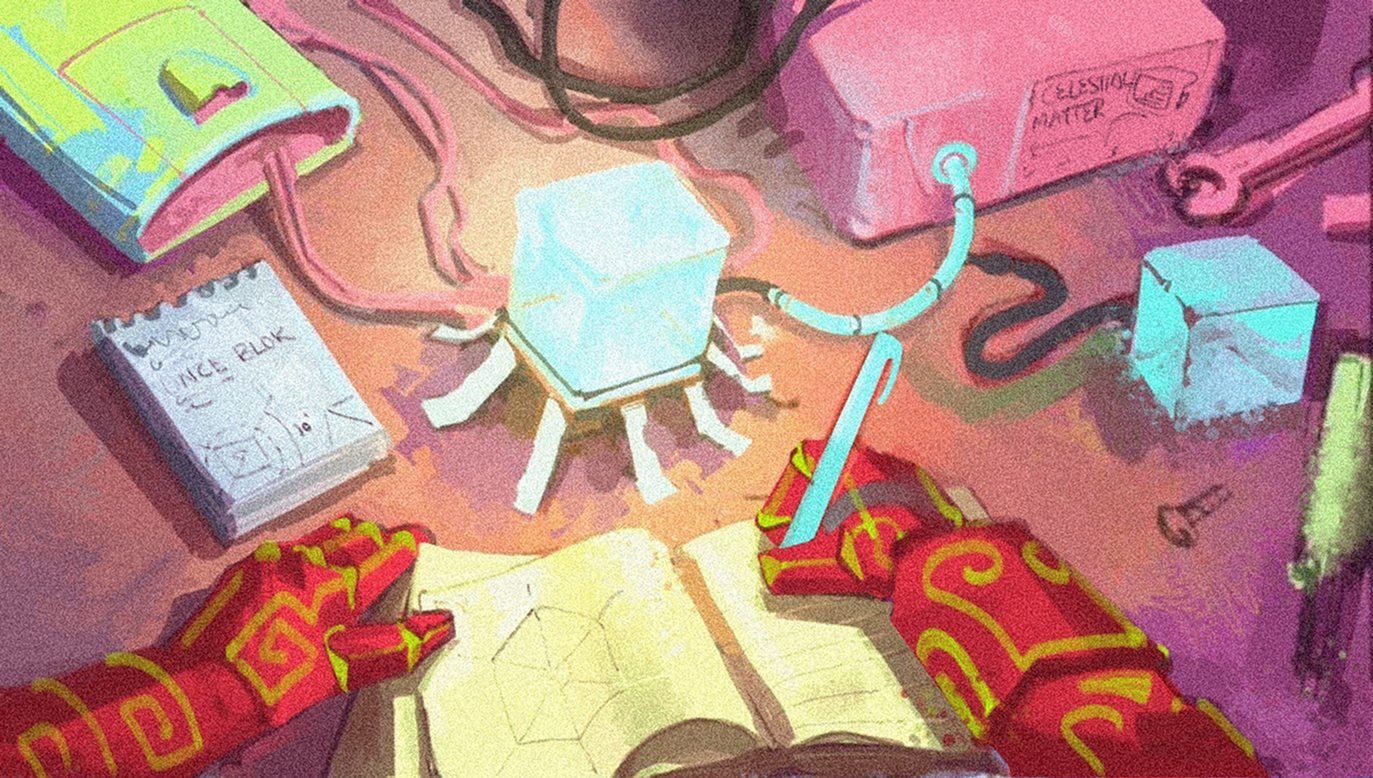 The Million Blokyz NFT Raffle That Took Over X An illustrated Blokyverse workbench scene with a small white Bloky standing among tools and cables, beside a notebook labelled Nice Blok and a robed figure reading an open book.