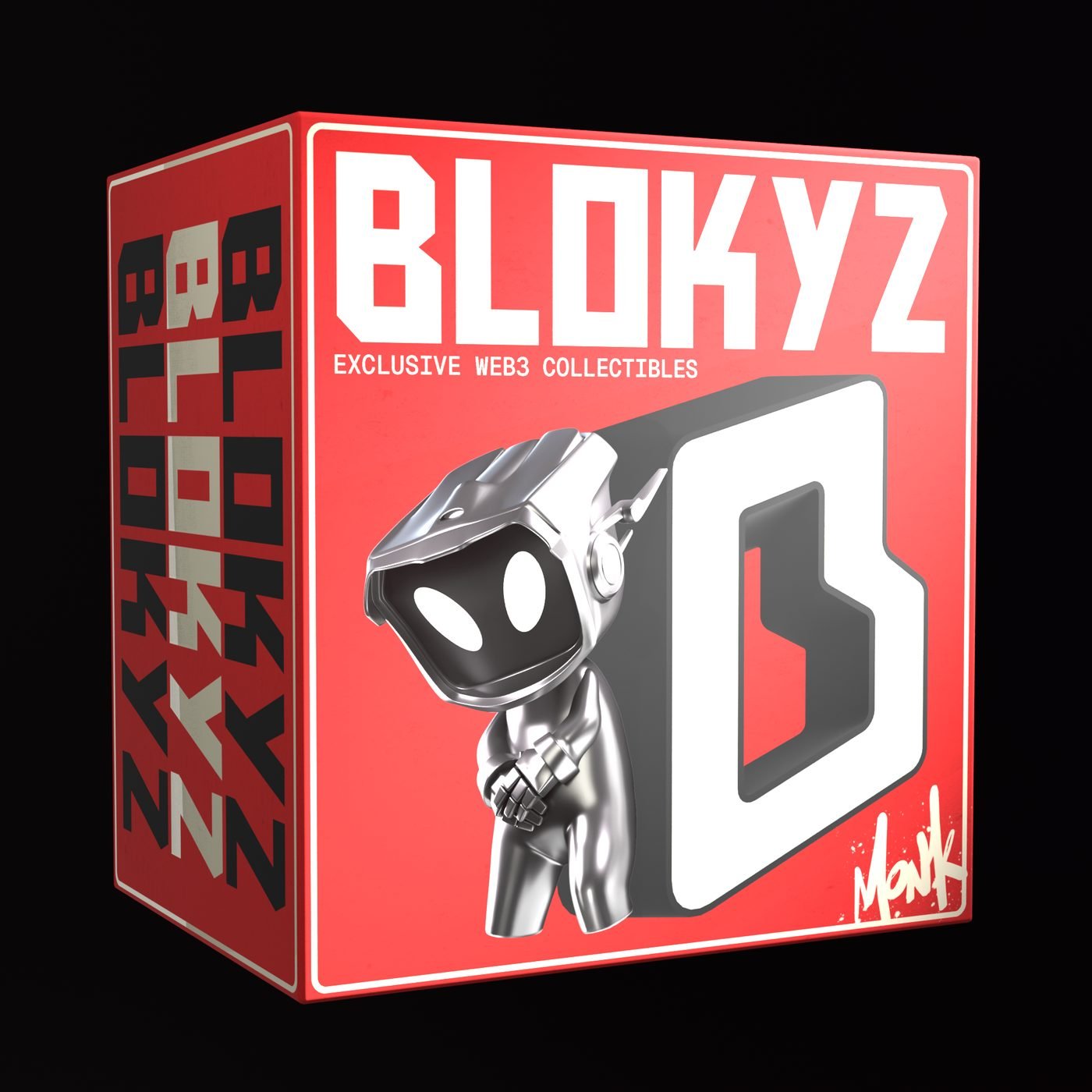 The Million Blokyz NFT Raffle That Took Over X A red Blokyz retail box reading Exclusive Web3 Collectibles, showing a chrome Bloky figure beside the Blokyz logo and signed Monk.