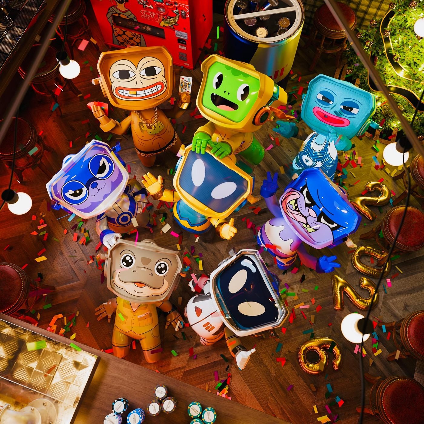 The Million Blokyz NFT Raffle That Took Over X A group of Blokyz figures in partner designs, one wearing a Ponke gold chain, standing among confetti and gold balloons on a bar floor.