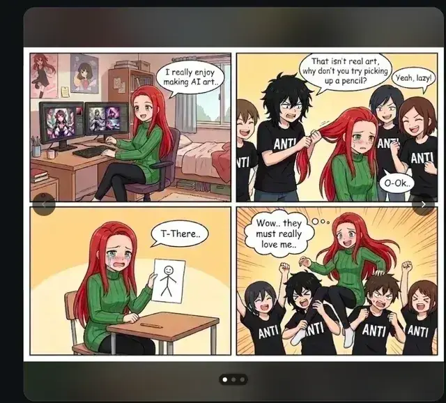 New Acts ($ZOE) on Onchain Circus The four-panel comic Zoe comes from: a girl says she enjoys making AI art, a crowd in ANTI shirts tells her to pick up a pencil, she tearfully holds up a stick-figure drawing, and the crowd cheers her.