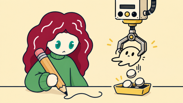 An illustration of a red-haired girl drawing with an oversized pencil while, beside her, a robotic claw drops a blank figure into a tray of identical shapes.