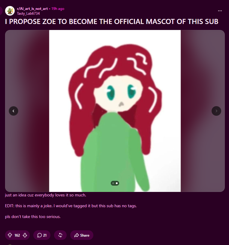 New Acts ($ZOE) on Onchain Circus A screenshot of a post in the r/Ai_art_is_not_art subreddit proposing Zoe as the community's official mascot, with a hand-drawn picture of the red-haired character.