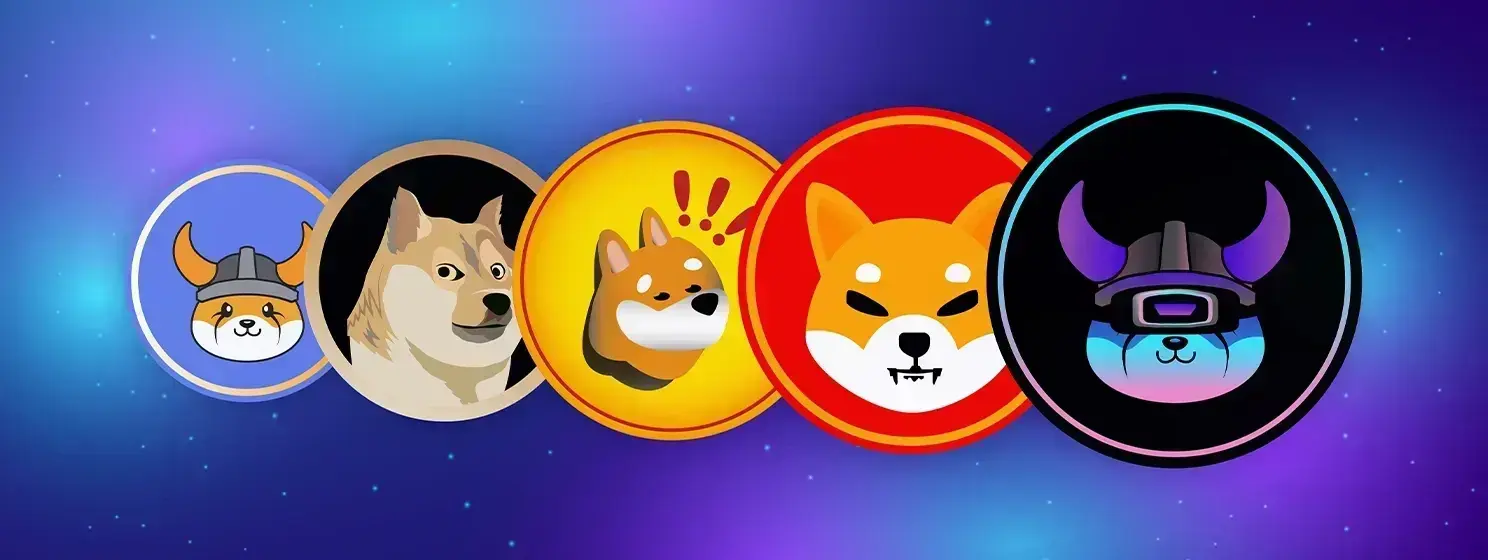 The Degen Almanac on Onchain Circus Five dog-themed memecoin logos in a row on a purple starfield, from the Doge illustration to the Shiba Inu token mark.