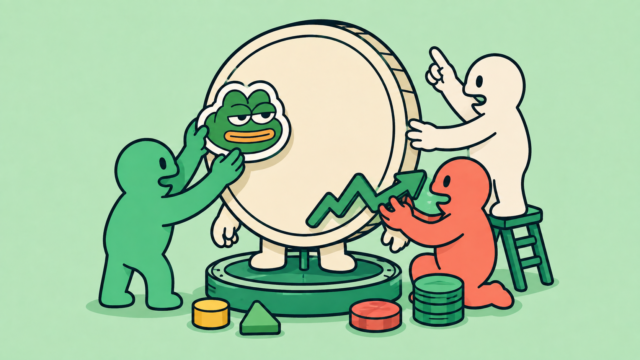 An illustration of three figures decorating a giant blank coin, one pressing on a frog sticker, one pushing a rising green arrow into place, one pointing upward from a stepladder.