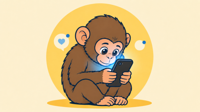 An illustrated brown ape sitting cross-legged and holding a smartphone, the screen lighting its face, against a yellow circle with two social notification bubbles.