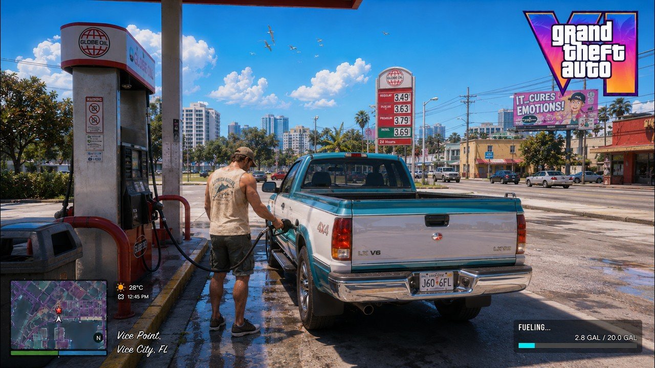 New Acts ($CYBERLEEK) on Onchain Circus A Grand Theft Auto VI screenshot showing a man refuelling a teal pickup truck at a Globe Oil station in Vice City, with the game's fuel gauge and minimap on screen.