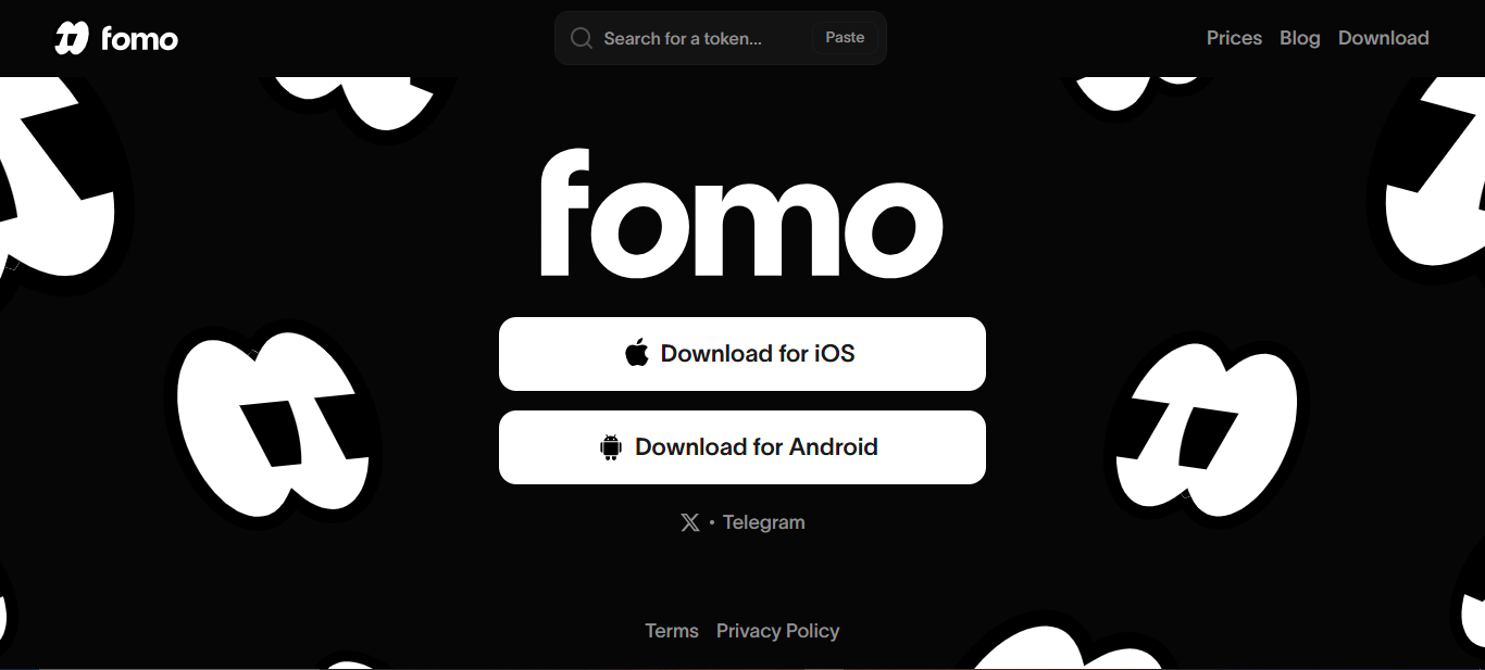 Backstage on Onchain Circus The fomo landing page, with a token search box and buttons to download the app for iOS and Android.