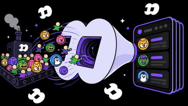 An illustration of memecoin mascots and small figures on a conveyor belt being funnelled through a giant lens and out into a phone feed, under the fomo logo.