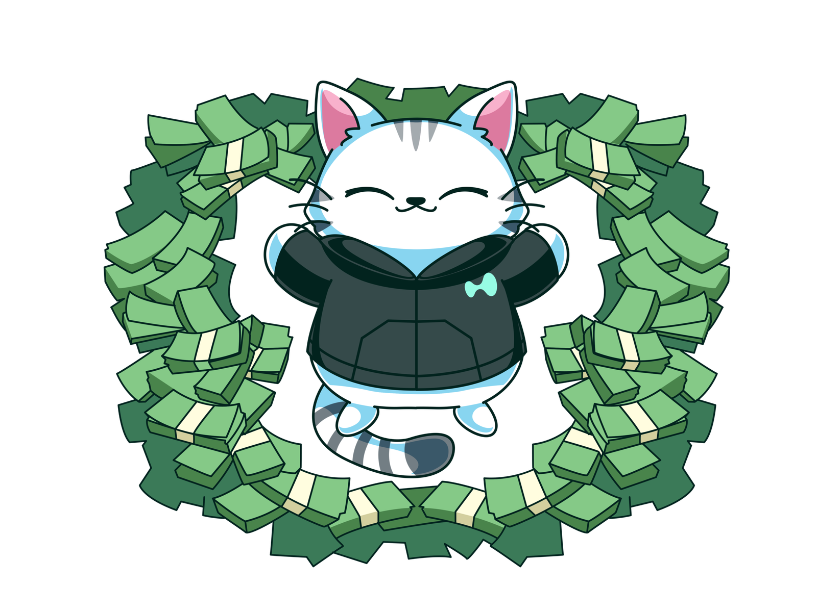 Hypurr, Hyperliquid's cat mascot, a white cat in a black hooded jacket bearing the Hyperliquid mark, sitting inside a horseshoe of banded cash stacks.