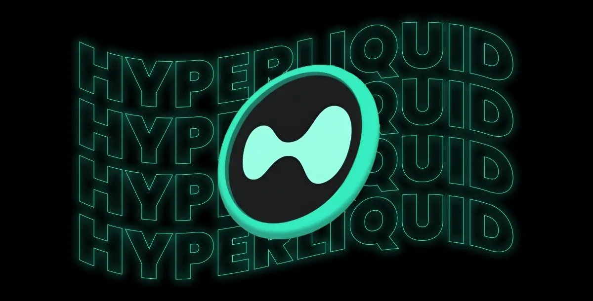 The Hyperliquid logo: a mint-green coin carrying the black double-lobe mark, set against rows of neon outlined HYPERLIQUID lettering on a black background.