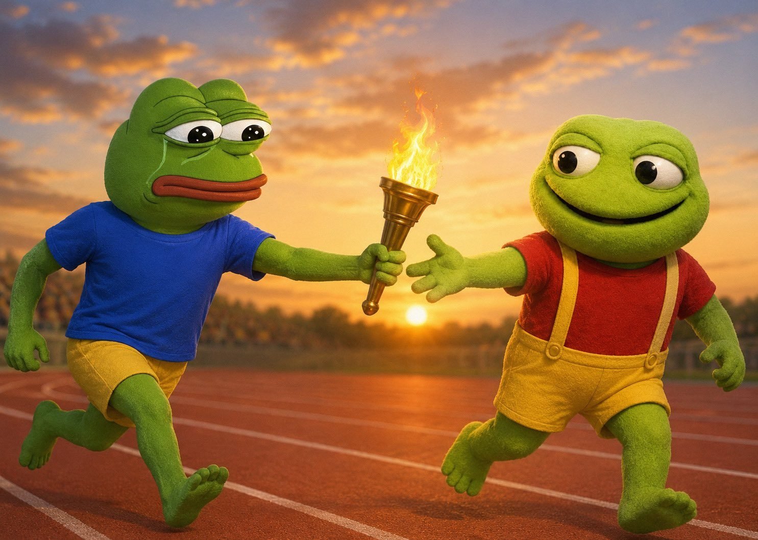 New Acts ($TOAD) on Onchain Circus Two puppet frogs on a running track at sunset, passing a lit torch in a relay handover. The one handing it over has the Pepe the Frog face and a blue shirt; the one reaching for it wears the red shirt and yellow dungarees of El Sapo Pepe.