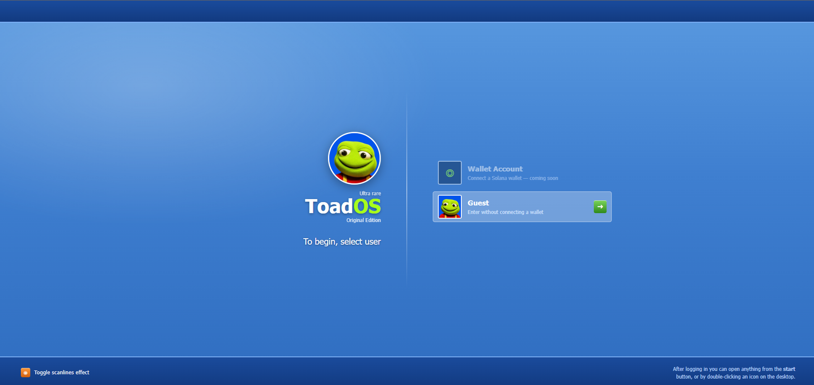 New Acts ($TOAD) on Onchain Circus The ToadOS login screen, a Windows XP style desktop in blue. A round toad avatar sits above the words ToadOS Original Edition. Two user options are offered: a greyed out Wallet Account marked coming soon, and Guest, to enter without connecting a wallet. A toggle for a scanlines effect sits in the corner.
