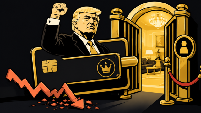 An illustration of Trump with a raised fist behind a black and gold membership card, beside open gold gates and a velvet rope leading into a lit interior, with a crashing orange price line at his feet.