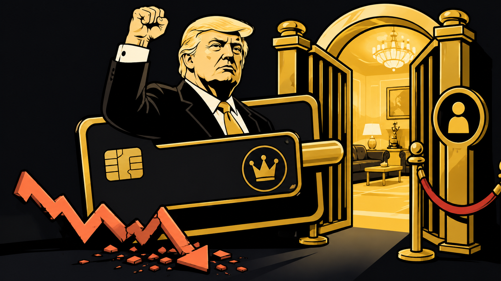 An illustration of Trump with a raised fist behind a black and gold membership card, beside open gold gates and a velvet rope leading into a lit interior, with a crashing orange price line at his feet.