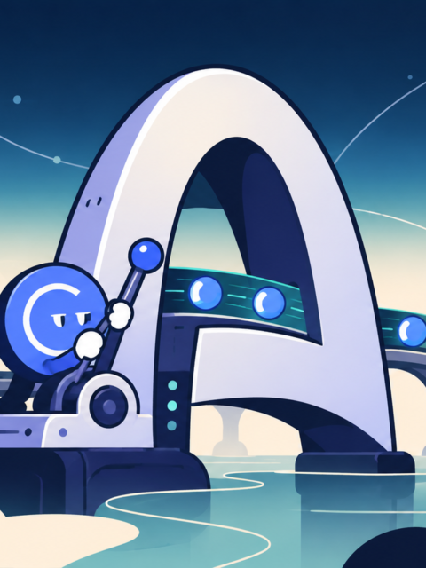 An illustrated letter-A arch bridging a river, with a blue USDC coin character working a lever as coin orbs travel between a person at a laptop on one side and a classical bank building on the other.