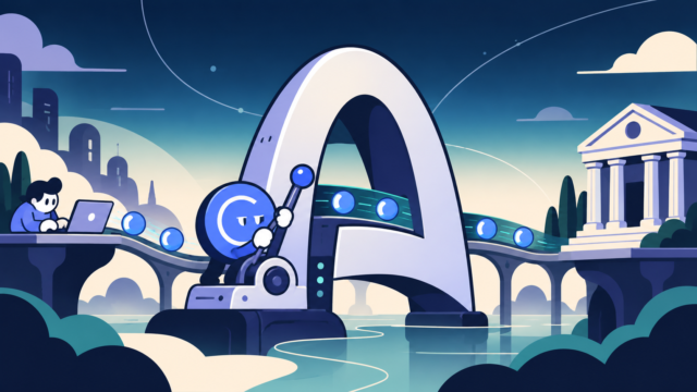 An illustrated letter-A arch bridging a river, with a blue USDC coin character working a lever as coin orbs travel between a person at a laptop on one side and a classical bank building on the other.
