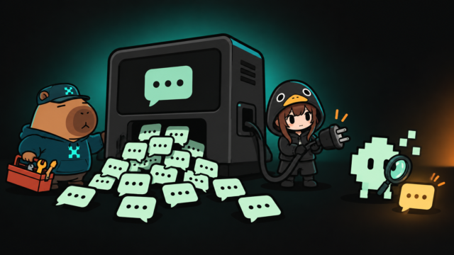 An illustrated capybara with a toolbox and a hooded figure holding an unplugged cable, beside a black machine that has dispensed a heap of glowing speech bubbles.