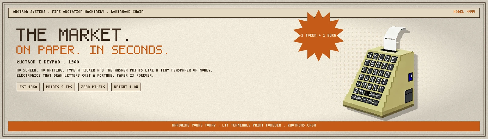 What Are Quotrons? Inside $QUOTRON's Stock-Reward NFTs A vintage-style banner for the Quotron I Keypad, 1960: the market, on paper, in seconds, with a pixel-art keypad printing a paper slip.