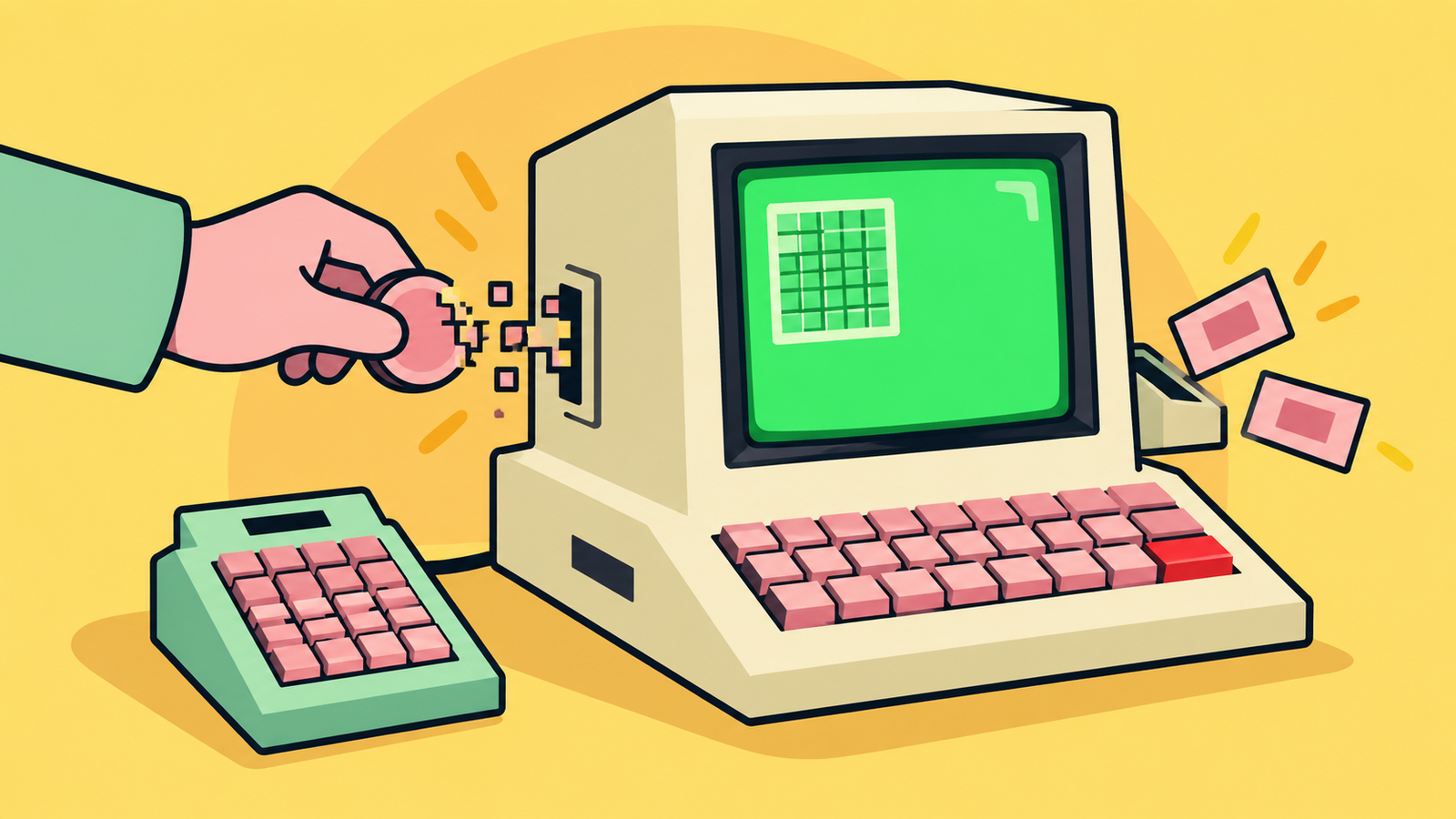A cartoon hand feeds a coin into a retro beige terminal with a green screen; the coin breaks into pixels as stock cards print out of the other side.
