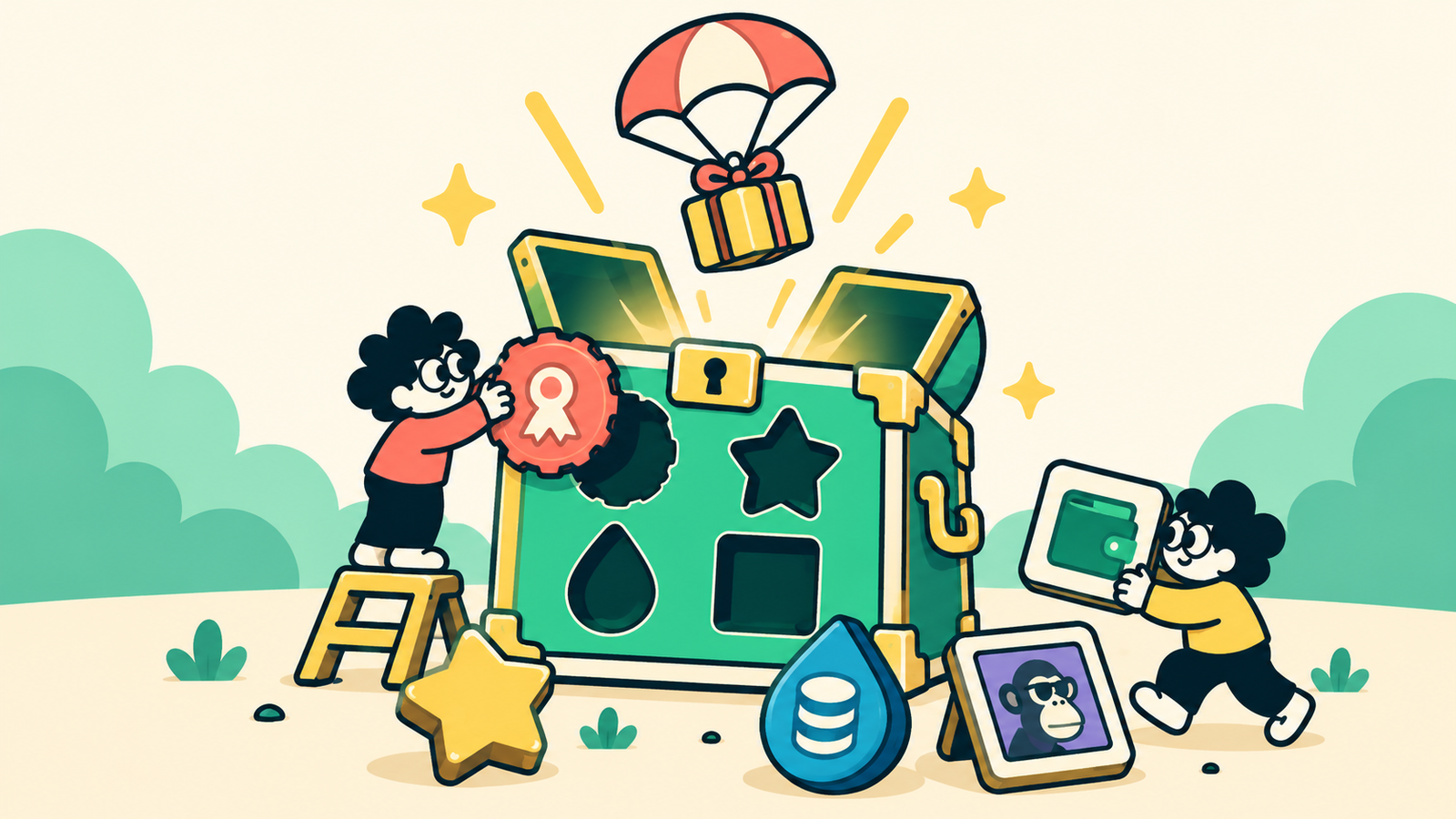 Illustration of two cartoon characters fitting a badge and a wallet into the shaped slots of a green treasure chest while a gift box floats down on a parachute; a gold star, a blue droplet of coins and a framed ape NFT sit on the ground beside it.