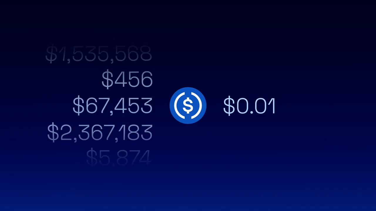 Arc Chain Explained: Circle Wants to Build the Rails, Not Just the Dollar A frame from Arc's fee animation: a column of dollar transaction amounts on the left, the USDC logo in the centre, and a flat $0.01 fee on the right.